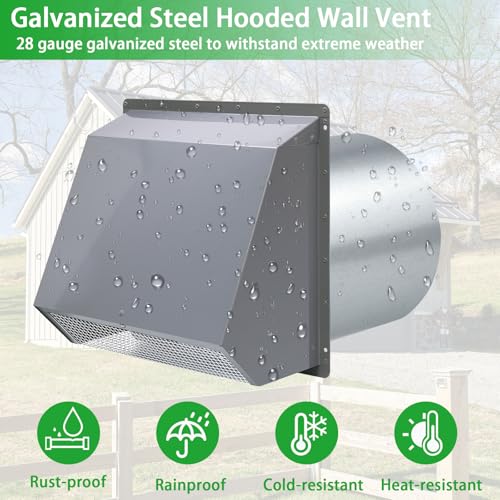 Image of 6 Inch Hooded Wall Vent with Screen and Damper,6 Inch Exhaust Vent Cover Cap for Outdoor Kitchen Range Hood Dryer Ventilation,Outside Wall Mount Extractor for House Air Exhaust,Galvanized Steel,Gray