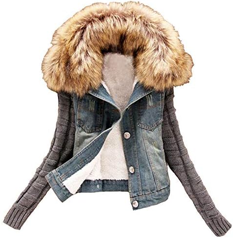 poopy Women Fleece Denim Jacket with Fur Sherpa Jackets Jean Coat for Teen Girl Outerwear