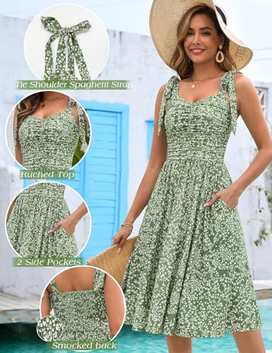 Kranda Women 2025 Summer Fall Ruched Midi Dress Casual Spaghetti Strap V Neck Flowy Boho Floral Sundress with Pockets4
