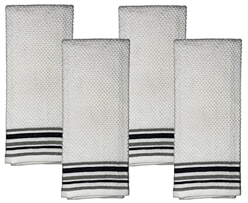 Petal Cliff Set of 4, Terry Popcorn Weave Grey and Black Stripes Kitchen Towels Super Soft, Highly Absorbent Sizes : 17 inch x 27 inch.