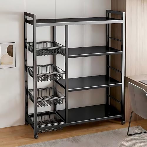 HUIBBGO Estante de almacenamiento de cocina con marco de metal con cestas de malla rodante con estantes ajustables para baño, sala de estar y oficina, carrito de servir con ruedas para ahorrar espacio