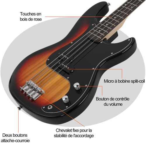 LALAHO Kit de Guitare Basse Électrique avec Amplificateur de Basse 20 Watts, Micros Ouverts Doubles pour 4 Cordes