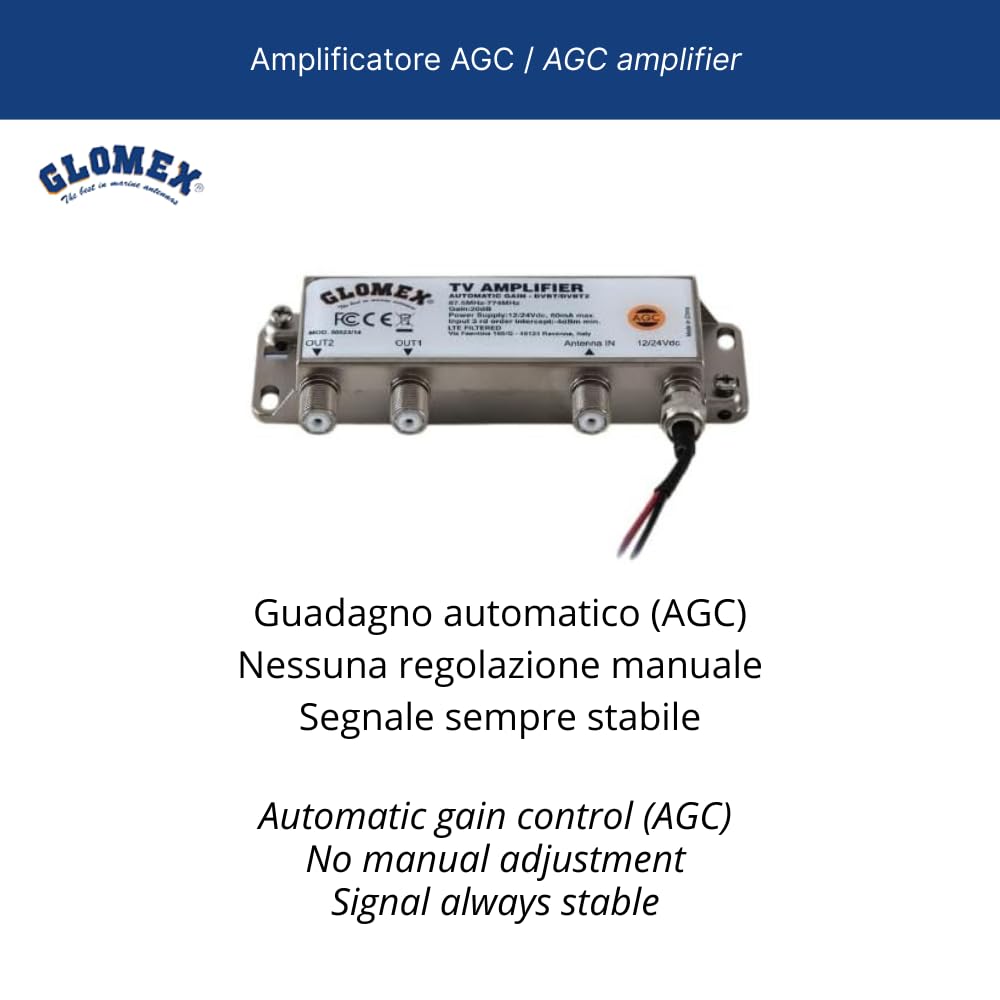 Glomex – Amplificatore TV/FM con Controllo Guadagno Automatico (AGC) 12/24Vdc, Modello 50023/14 – 2 Uscite, per Antenne TV Non Pre-Amplificate, Per barche a vela, motore, gommoni, yacht