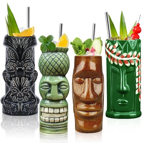 LINALL Hawaiian Party Tiki Mugs Set of 4 (TKSET0012)