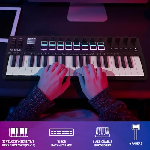 Image of M-VAVE 37 Key USB MIDI Keyboard Controller With 16 Backlit Drum Pads, Bluetooth Semi Weighted Professional dynamic keybed 8 Knobs and Music Production,Software Included (37 Key Black)