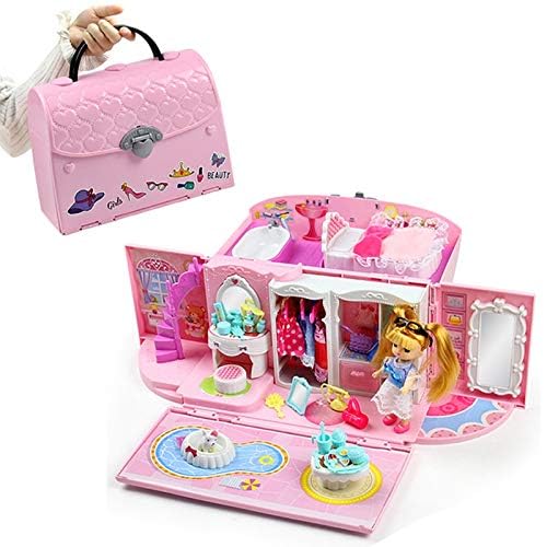 Destonl Plastic Doll House Playset with Hand Bag, Multicolour