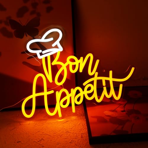 Image of Bon Appetit with Chef's hat LED Sign Gold Letters Neon Light Signs for Restaurant French Style Neon Dimmable LED inch16.5x12.6 inch Hanging Dinning Room Cooking Kitchen Wall Art Decor