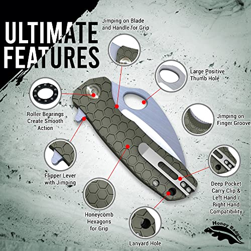 Honey Badger Drop Point Pocket Knife - Pocket Knife For Men - Steel Blade, Lightweight Tactical Knife, Folding Utility Edc - Utility Knife - Survival Knife - Reversible Pocket Clip - Medium (Claw Serrated Medium Green Hb1133) #TOP3