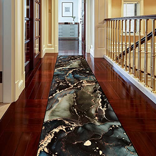 Artcreator Modern Abstract Hallway Runner Rug - 2' X 10' Washable Hallway Runner Rug, Long Ultra Soft Kitchen Runner Rug, Non-Slip Low-Pile, Luxury Marble Texture Design. (Green/Gold) #TOP5