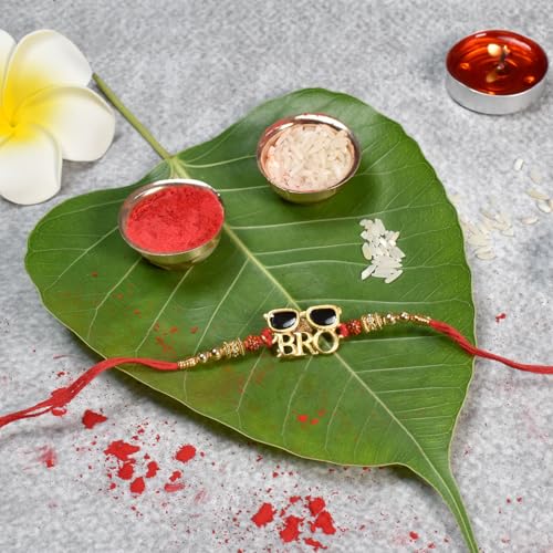 Image of Oblivion Fridge Magnet with Rakhi Set for Brother - Golden Color Elegant BHAI Design with Beads Rakhi with Fridge Magnet 2 Pc, Silver Color Coin & Greeting Card, Raksha Bandhan Combo for Bhai