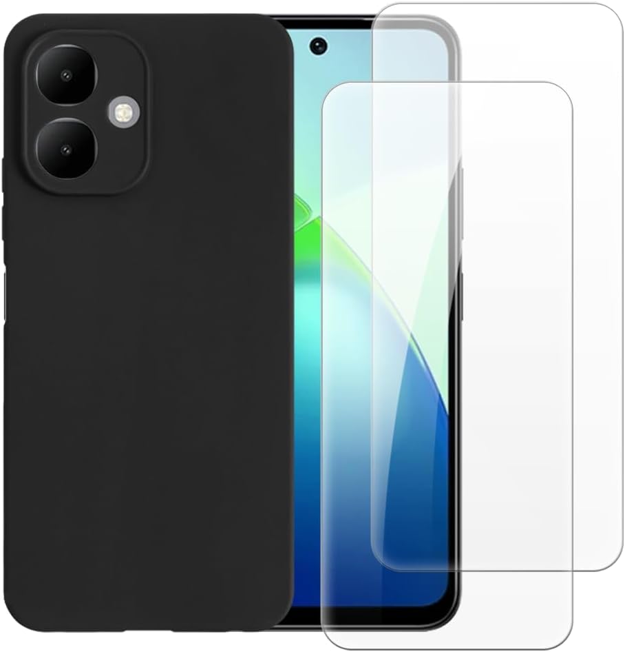 Case with 2 Pack Screen Protector Combo Compatible with Tecno Spark Go 2 4G, Shockproof Cover and Tempered Glass Set for Full Body Safety(Black)