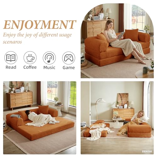 Image of Convertible Futon Sofa Bed, Fold Out Floor Sofa Couch with Sleeper Sofa,Folding Boneless Couches with Deep Seat,Cloud Corduroy Foldable Mattress Couch for Living Room (Orange)