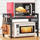 SAYZH Soporte Microondas Extensible, 2 Niveles estante microondas con 10 Ganchos, Soporte Para Microondas Para Encimera de Cocina, 40-70 cm, Negro
