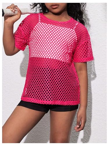 OYOANGLE Girl's Short Sleeve Fishnet T Shirt Drop Shoulder Hollow Out Mesh Workout Tees3