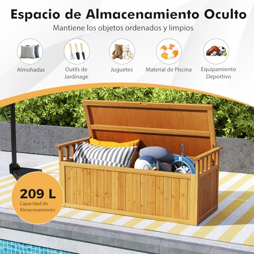 GOPLUS Caja de Almacenaje 209L de Madera para Exteriores, Banco de Jardín con Reposabrazos y Almacenamiento Oculto, Baúl Exterior para Organizar y Relajarse para Jardín, Porche y Piscina (Natural) - imagen 5
