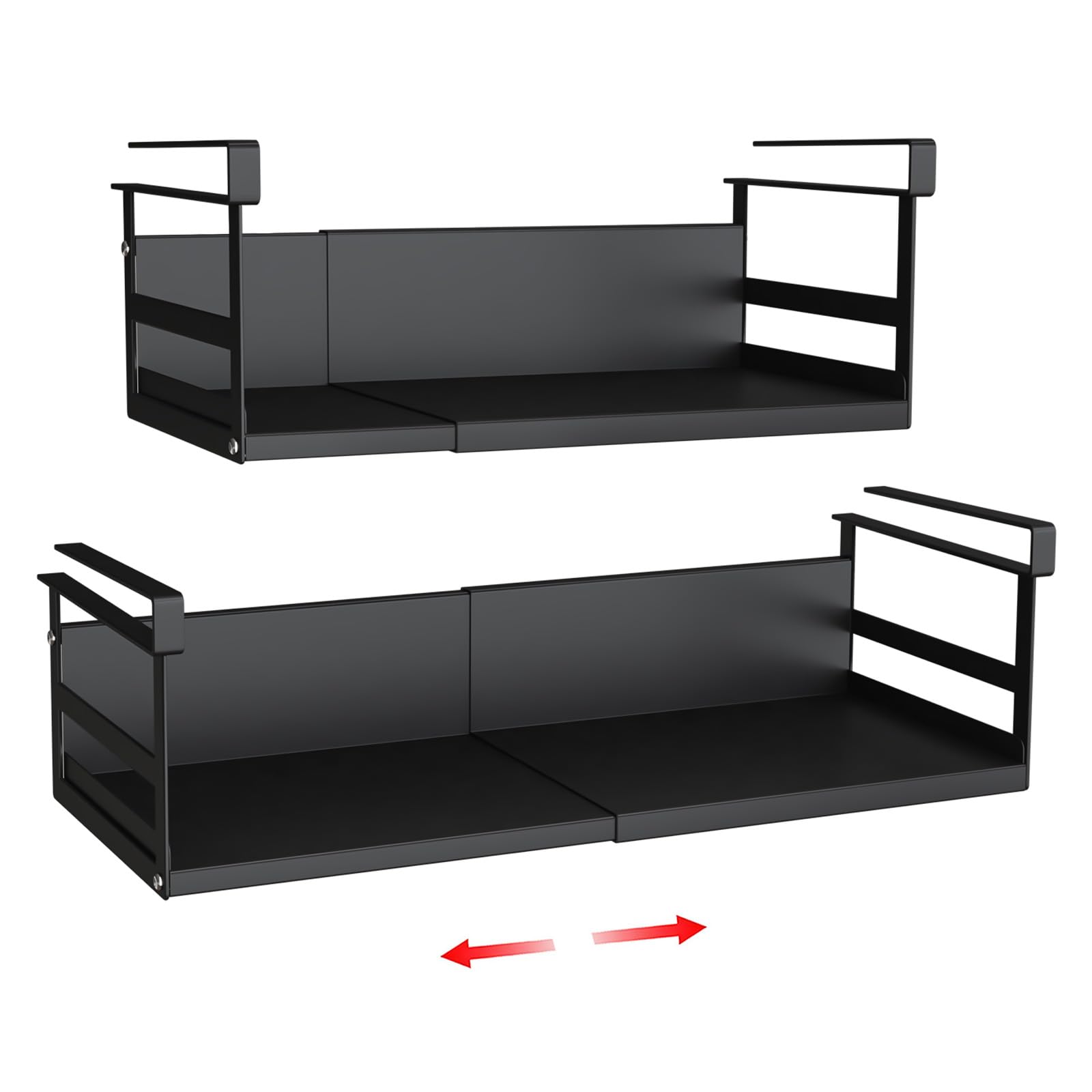 SHINEWON Expandable Under Cabinet Shelf Organizer with 0.94-Inch Thick Clips, Heavy Duty Extendable Under Shelf Storage Basket for Pantry or Laundry Room, Black, 2 Pack, 4.13" H x 7.2" D