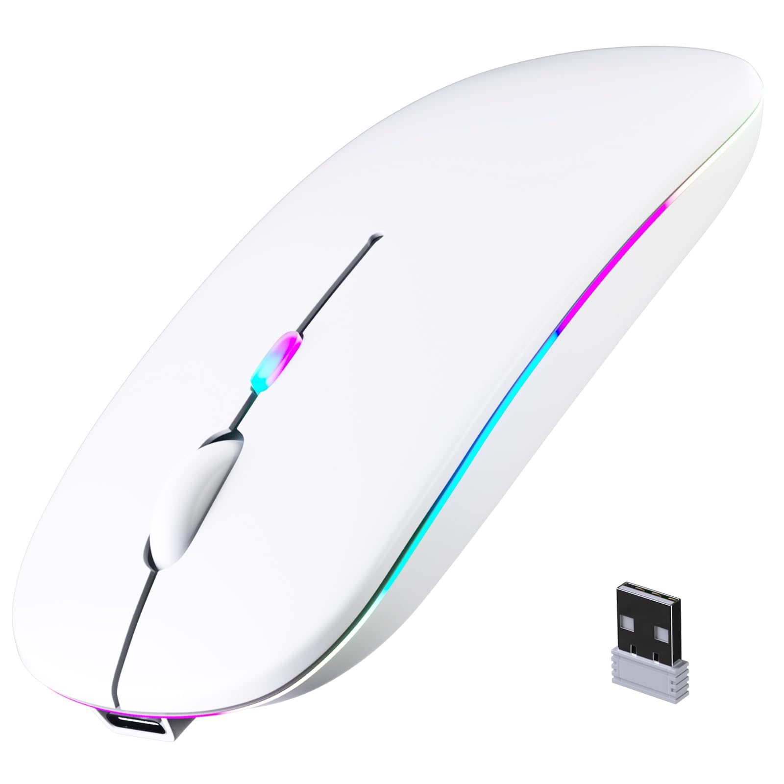 Wireless Bluetooth Mouse, Rechargeable, LED, Silent, Ultra-thin Design (Bluetooth 5.2 and 2.4GHz USB Receiver) | Portable Computer Mouse for Laptops,