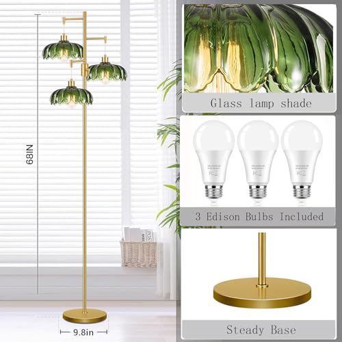 Image of Dimmable Floor Lamps for Living Room Bedroom-3 Light Gold Floor Lamp with Glass Lampshape, Flower Tall Lamp Mid Century Modern Standing Lamp Glass Tree Floor Lamps for Living Room Bedroom,Corner