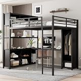 Dnxao Metall Hochbett 140x200 cm Eisenbett, Doppelstöckiger Stauraum unter dem Schreibtisch, Oberes Bett mit Stauraum, Mit Kleiderschrank, Platzsparend Stockbett Kinderhochbett Jugendhochbett, Schwarz