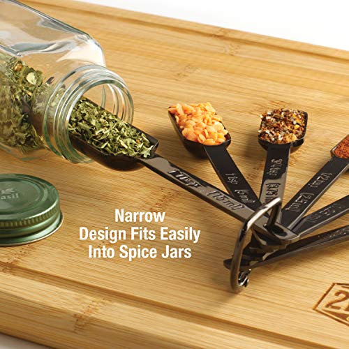 2Lbdepot Black Measuring Spoons Set Of 9 Includes Bonus Leveler, Premium, Rust Proof, Heavy Duty, Black Plated, Stainless Steel Metal, Narrow, Long Handle Design Fits Into Spice Jars #TOP6