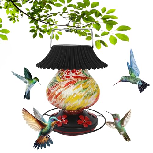 Solar Hummingbird Feeder-5 Feeding Ports with Perch Hand Blown Glass Red Tree Sea Color Changing-Never Leak Multicolor Night Lights Perfect Hummingbird Feeder for Outdoors for Nature Enthusiasts