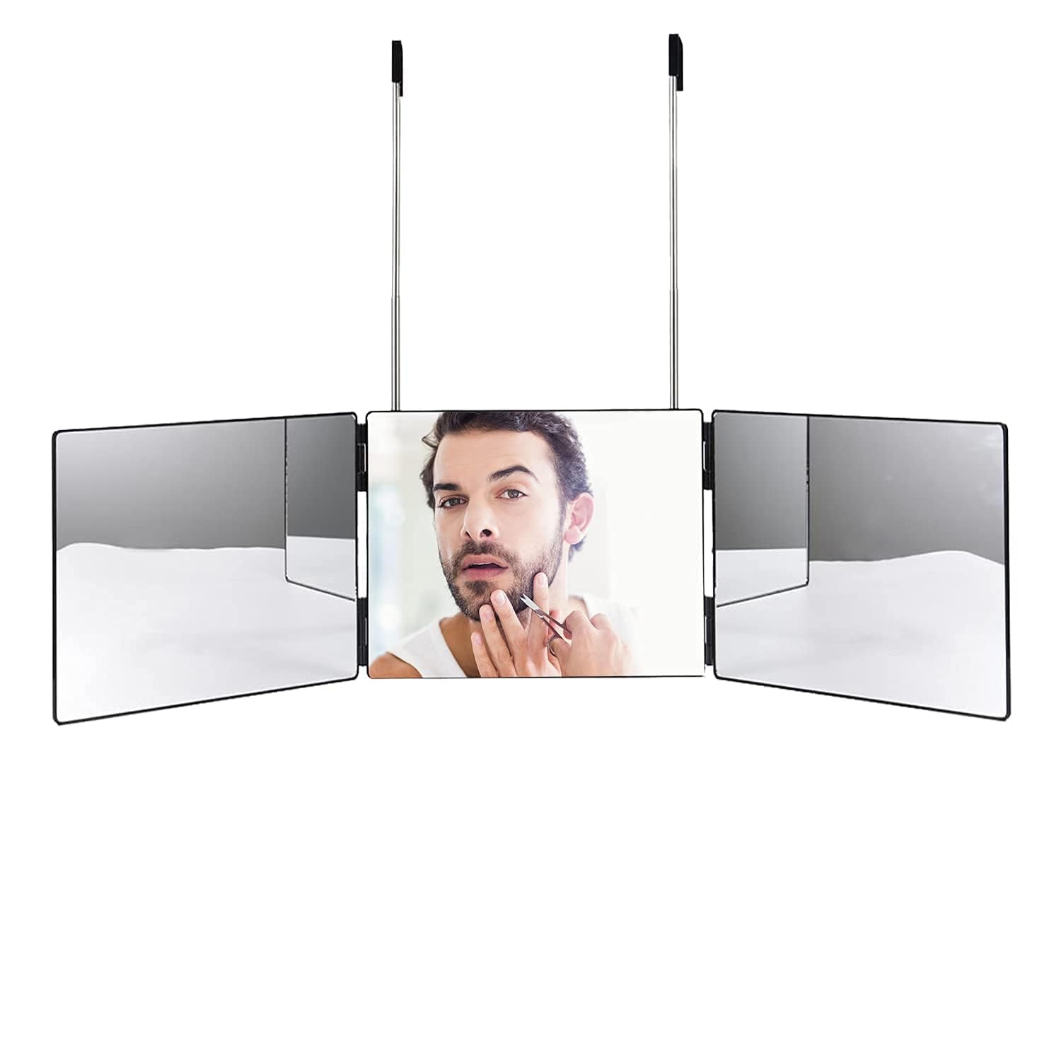 Black Foru 2024 New 3 Way Mirror for Hair Cutting, 360 Mirror for Self Hair Cutting,Barber Mirrors for Men Women,Trifold Mirror to See Back of Head,Height Adjustable Telescoping Hook 2