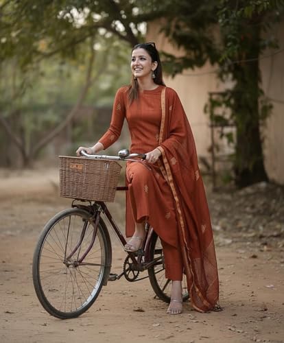 Image of Anni Designer Pure Cotton Maroon Kurta Pant Set with Dupatta for Women | 3 Piece Gold Hand Block Printed Suit Set | Cotton Kurta Set for Women | Festive Kurti Set