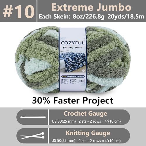 Image of Cozyful Chunky Yarn for Hand Knitting - #10 Chunky Chenille Blanket Yarn, Jumbo Big Thick Chunky Yarns for Crocheting, Tie Dye Bulky Knit Yarns, 8 Skein (20 yds 8 oz Each Skein), Forest & Sage & Mint