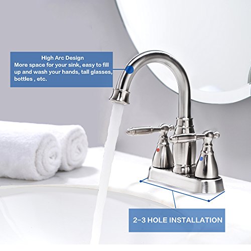 Brushed Nickel 2 Handles 4 Inch Stainlees Steel Lavatory Bathroom Faucet By Phiestina, Modern Contemporary Centerset Bathroom Faucet For Sink With Copper Pop Up Drain And Water Supply Lines, BF17-4-BN