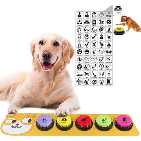 RIBOSY Dog Buttons for Communication, 5 Pcs Dog Speech Training Buzzers with Non-Slip Rubber Pad and 50 Stickers, 30 Seconds Voice Recording Button for Pet to Voice What They Want Cover