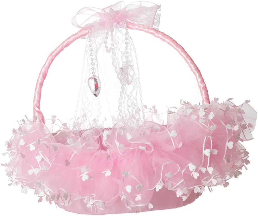 Ipetboom Lace Wedding Flower Girl Basket Portable Handheld Flower Holder Foldable Pink for Ceremony Supplies