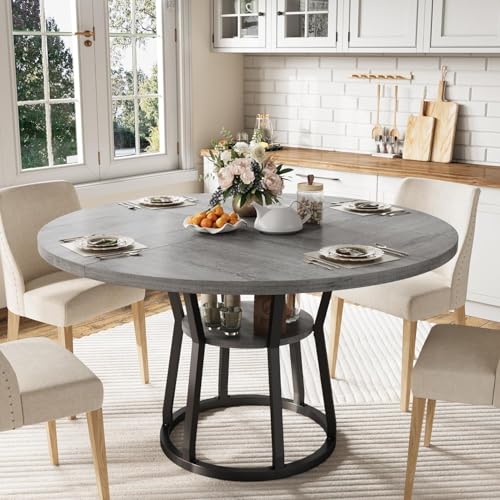 GarveeHome 47 Inch Round Dining Table with Storage Shelf, Farmhouse Circle Kitchen Table for 4-6, Space-Saving Wood Top, Metal Legs, Black Wood, Table