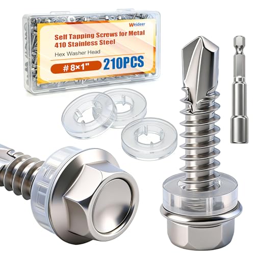 weideer 210pcs ＃8×1" Self Tapping Screws for Metal,410 Stainless Steel,Metal Screws Self Tapping, Hex Washer Head Quick Tapping Self Drilling Sheet Metal Screw with Washer K-157-W-25mm