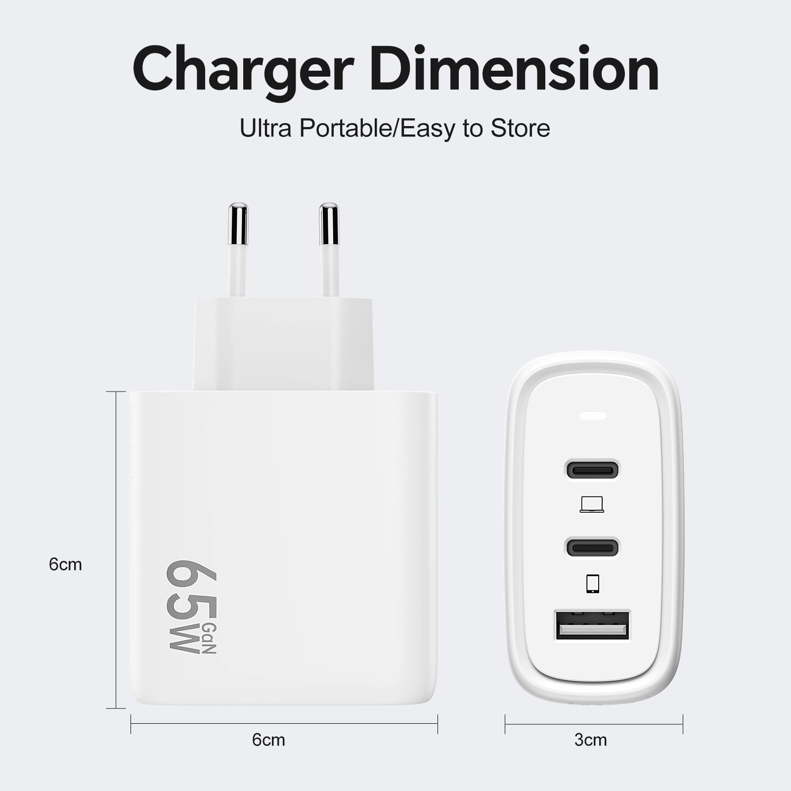 Caricatore USB-C Rapido 65W 3-Porte GaN III, PD3.0 Caricabatterie Veloce con 1.8M 240W Cavo, Caricatore per MacBook Pro/Air, Samsung S24/ S23, iPhone 16/15, iPad Pro/Air, Dell XPS, Pixel 8/9