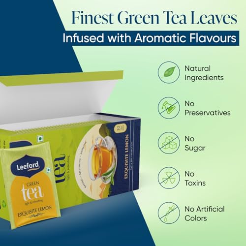 Image of Leeford Exquisite Lemon Green Tea 30 Tea Bags (Pack of 2)|All Natural Flavour|Rich In Antioxidants|Refreshing Lemon,Bergamot & Peach Flavors|Boosts Immunity & Metabolism|Natural Citrus For Mind & Body