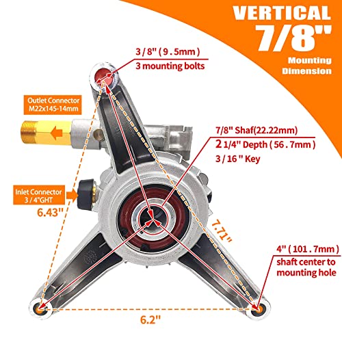Image of 7 /8'' Shaft Vertical Pressure Washer Pump Replacement 2400-2800PSI, 2.5 GPM | Rear Inlet /Outlet,Replacement Pump for Power Washers Craftman,Simpson,Ryobi,Honda,GCV160,etc