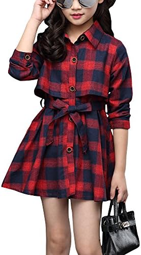 Little & Big Girls' Kids Summer Check Plaid Short Sleeve Collar Neck Button Down Casual Shirt Dresses