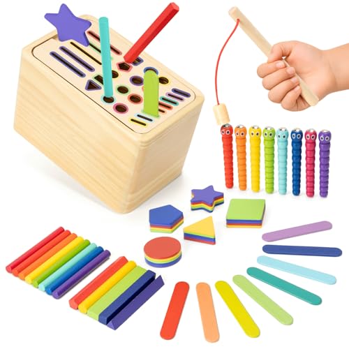 Funsland - Brinquedos para crianças de 1, 2, 3 anos, 4 em 1 brinquedos Montessori, sensorial de madeira para classificar formas e cores, jogos educativos, motricidade fina para bebês, presentes de