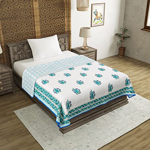 Image of BLOCKS OF INDIA Hand Block Printed Cotton Summer Single Size Reversible Printed Malmal Dohar (Blue Buta)