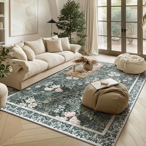 Image of Vintage Floral with Ornate Border Washable 5x7 Area Rug, Soft Low Pile Carpet for Living Room, Dining Room Under Table, Bedroom | Non-Slip, Stain Resistant & Durable