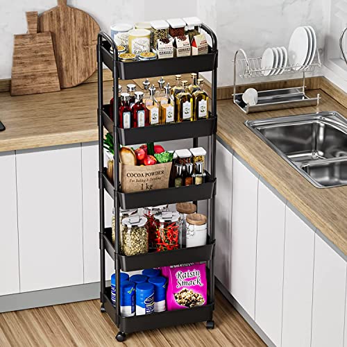 5-Tier Rolling Cart, Multipurpose Utility Cart, Rolling Carts With Lockable Wheels, Storage Cart Craft Cart Organizer For Bathroom Laundry Kitchen,Used As Book Art Snack Lash Makeup Diaper Cart, Black #TOP4