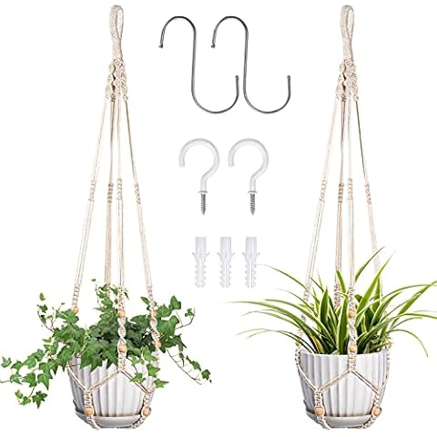 Macrame Plant Hanger Indoor Hanging Planters for Indoor Plants - Hanging Plant Holder for Outdoor Decor with Ceiling Hooks,35 Inch, Ivory (No Tassels) (2 Pack) Cover