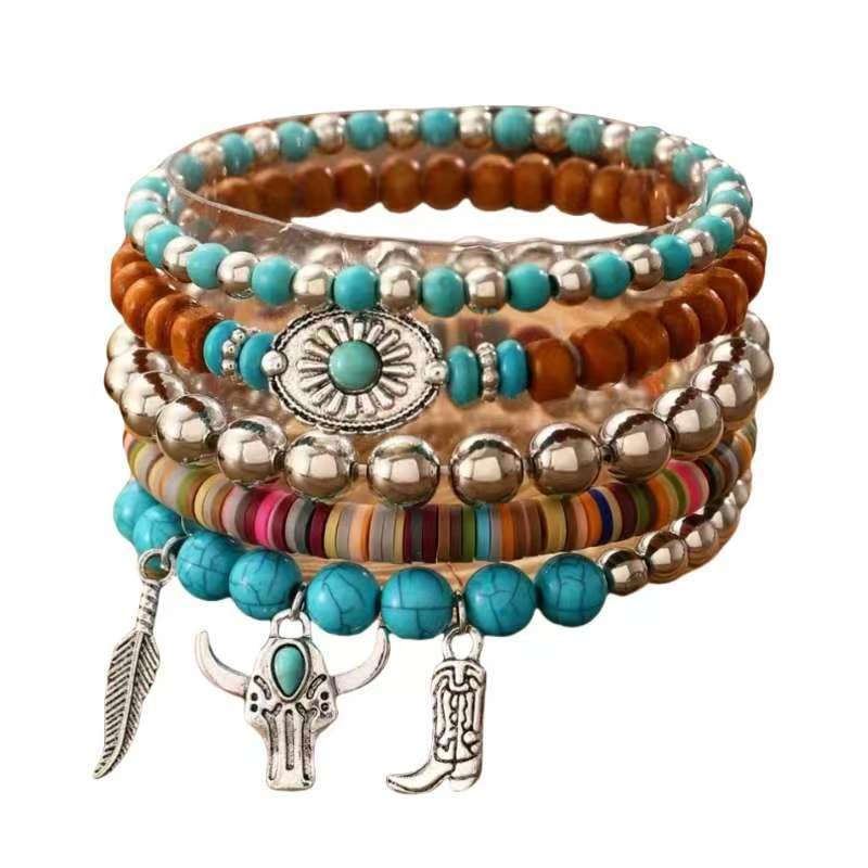 LOTSOF Western Turquoise Beaded Bracelet Chic Stack Beaded Western Style for Country Concerts Cowgirl Outfits & Boho Jewelry (Bull Head Style 5PCS)