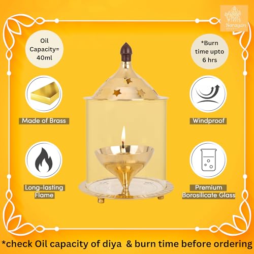 Image of ᵀᴹ akhand jyot with Glass and Oil lamp(Burning 6 hrs) for Home, Office, Puja, Mandir, Decorative Lantern Diya with Glass /Shade Cover for Prayer