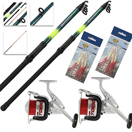 2x Telescopic Beachcaster Sea Fishing 12ft (3.6m) Rod and Reel Combo + Feathers