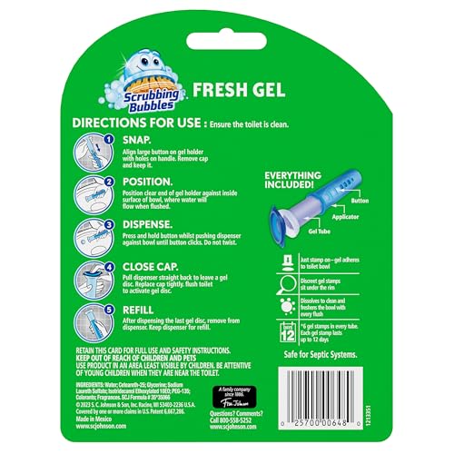 Image of Scrubbing Bubbles Fresh Gel Toilet Bowl Cleaning Stamps, Automatic & Continuous Bathroom Toilet Cleaner Helps Prevent Limescale, Rings & Build-Up, Berry Burst, 1 Dispenser, 6 Stamps (6 Pack)