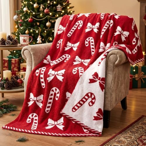 Mixweer Red Candy Cane Bow Christmas Blanket Knitted Reversible F...