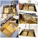 Drop In Smart Waterfall Kitchen Sink, Large Workstation Sink, Black Prep Wet Bar Sink With Drain Set, Stainless Steel Farmhouse Sink, Multifunction Single Bowl Kitchen Bar Sink(Gold,75x46x22cm)