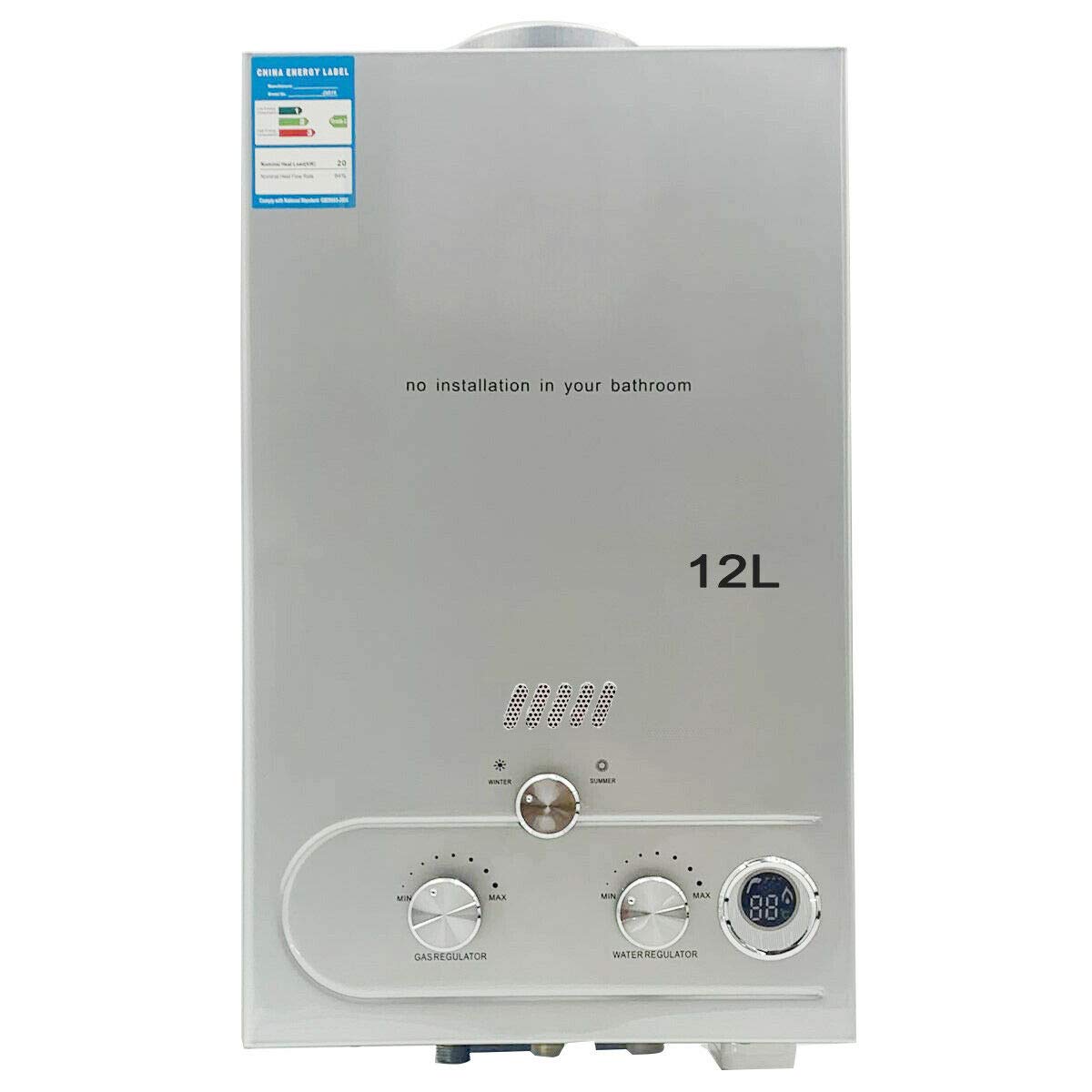 Calentador de agua de gas licuado LPG, 12 L, 24 kW, sin depósito, con cabezal de ducha galvanizado y manguera de ducha, para camping al aire libre y ducha con cremallera, color plateado