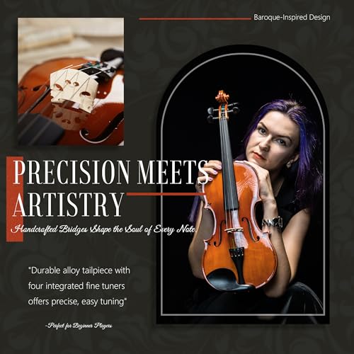 Image of AKLOT Handcrafted Full Size Violin: Solid Wood Glossy Fiddle, Acoustic Beginner 4 /4 Violin Kit with Hard Case, Lesson Book, Bow, Shoulder Rest, Extra Strings, Tuner, Fretboard Stickers (VRT-AmiOB)